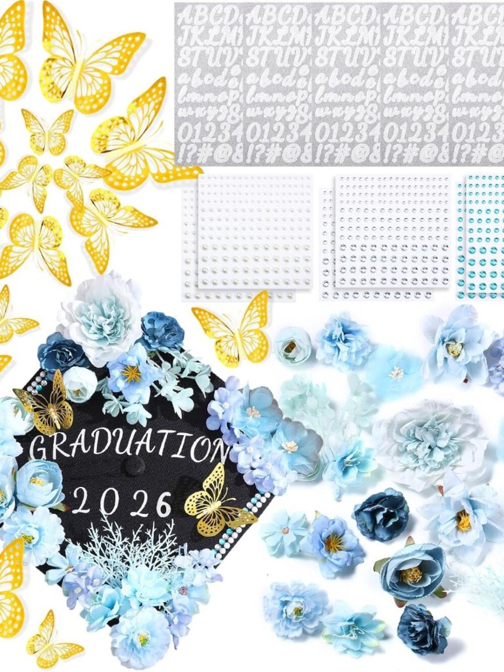 DIY Graduation Cap Decorations Kit 3D Grad Hat Flowers,Blue